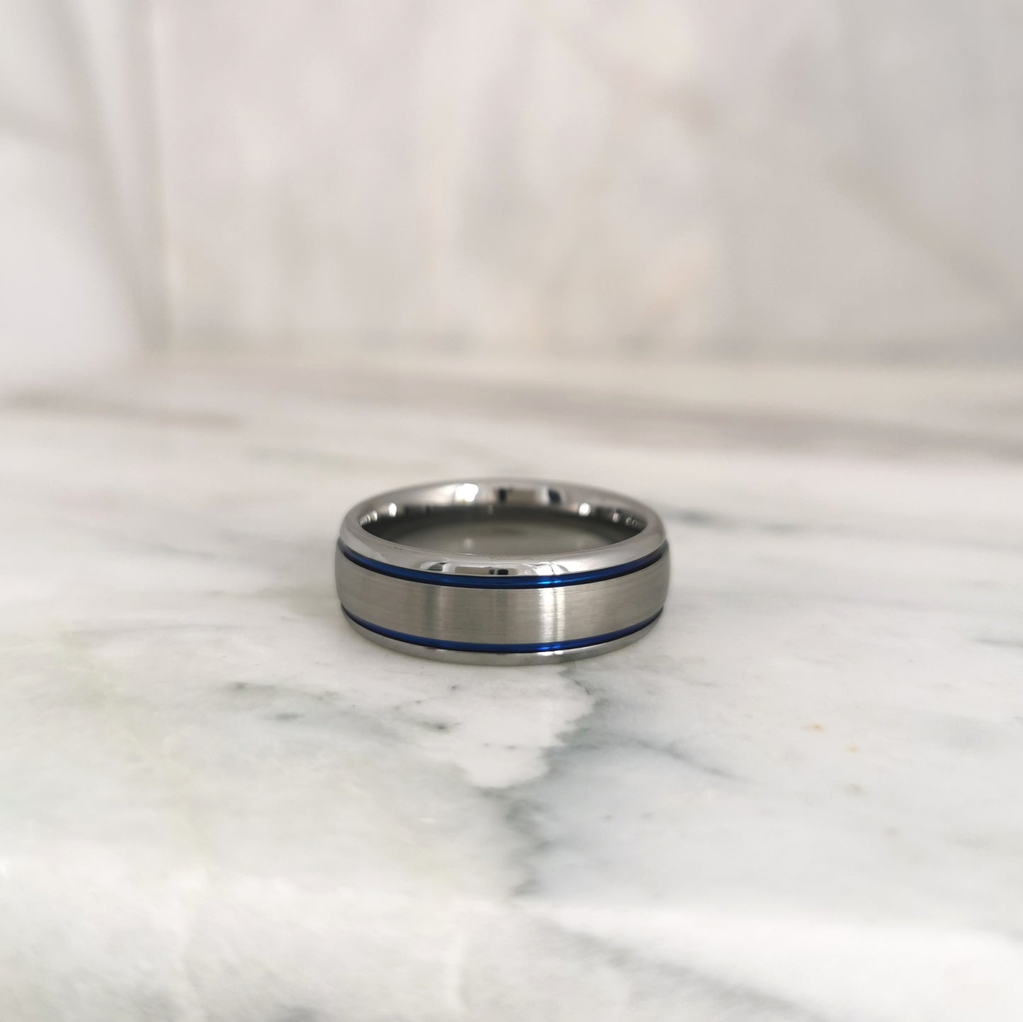 8mm Wide Tungsten Ring with Double Blue Stripes