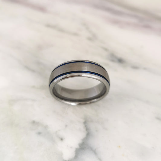 8mm Wide Tungsten Ring with Double Blue Stripes