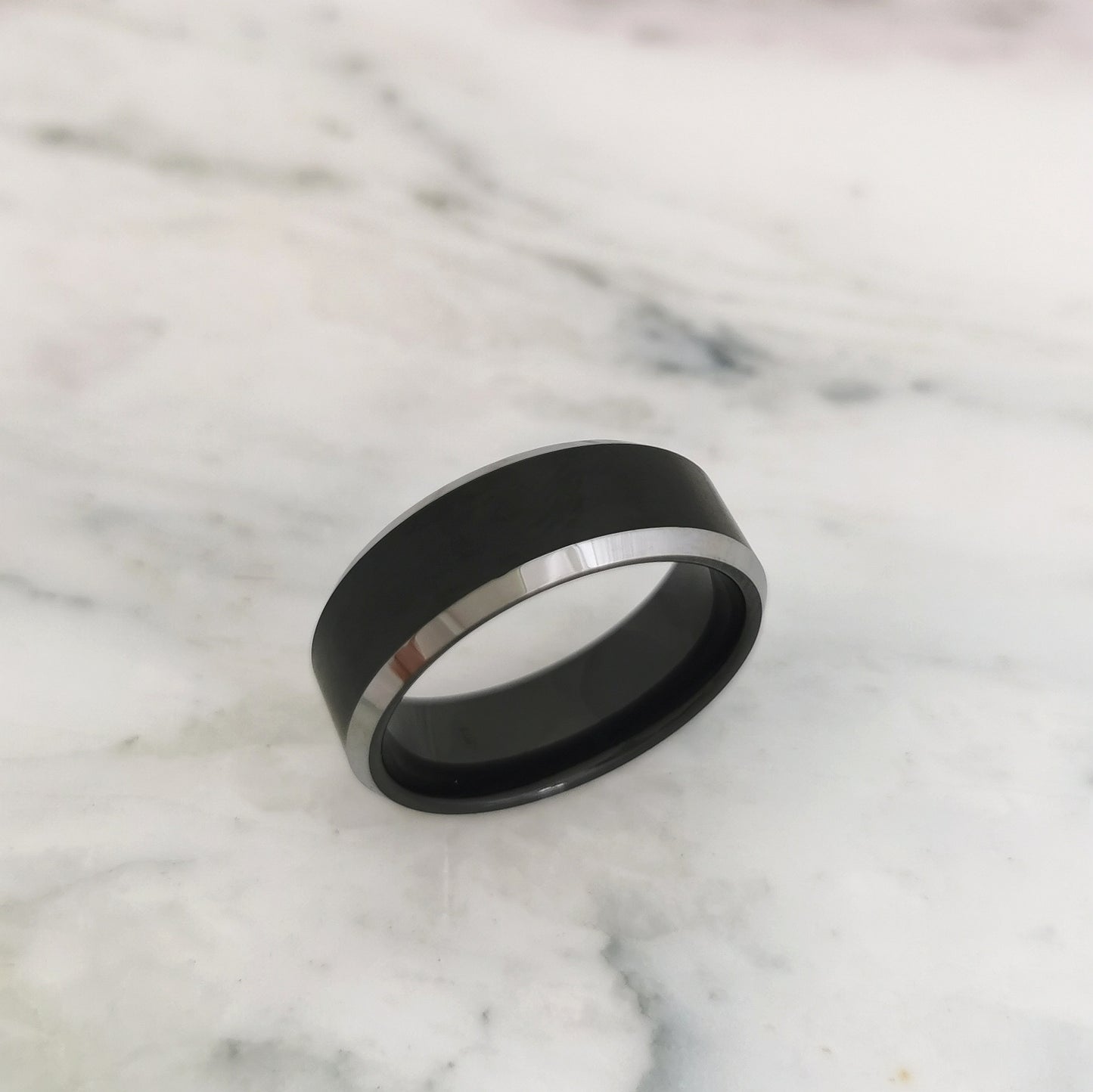 8mm Matt Black Tungsten Ring with Polished Bevelled Edges