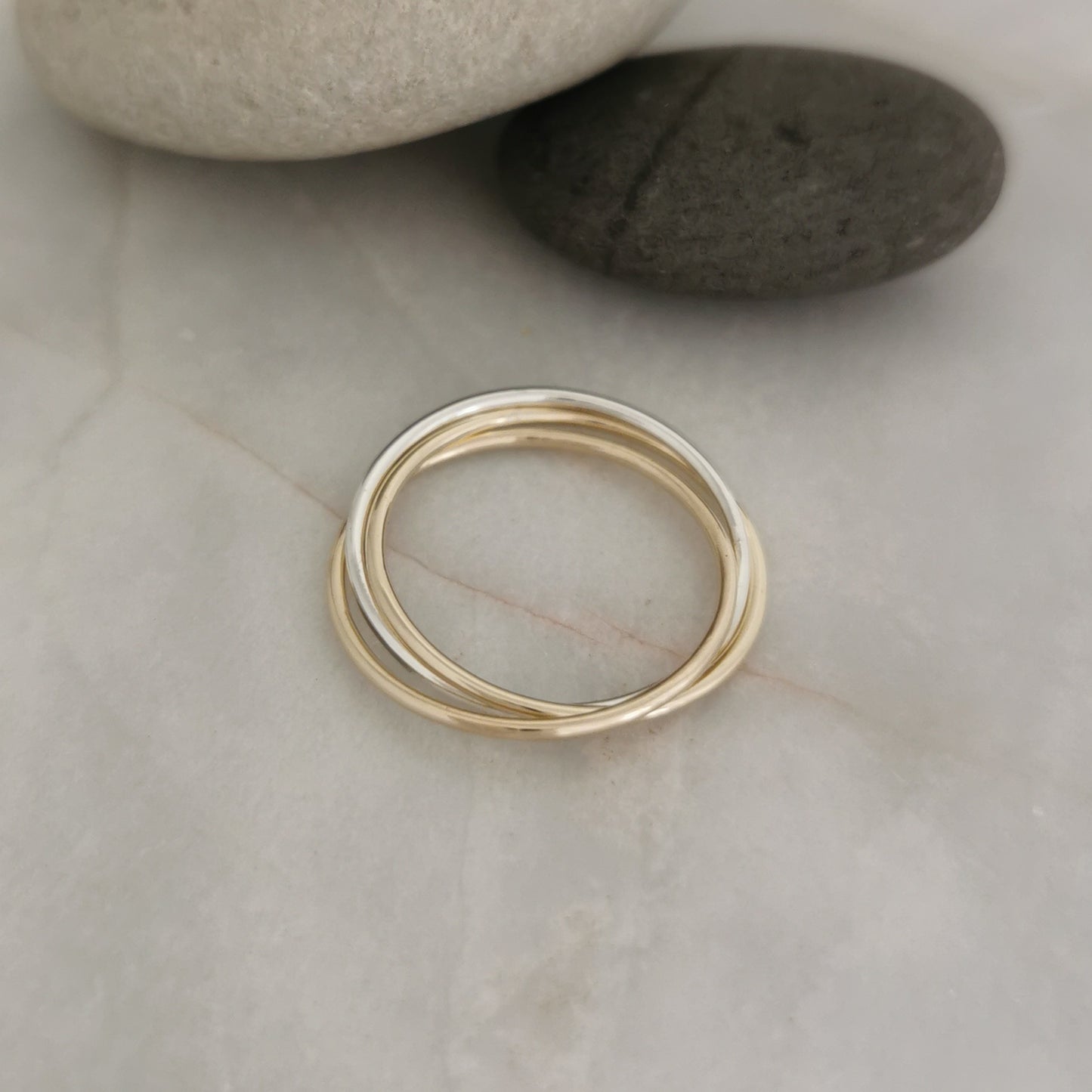 Delicate Single Silver, Double Gold Band Russian Ring