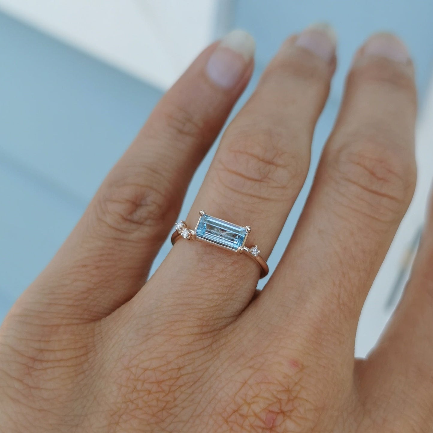 Sky Baguette Cut Blue Topaz & Diamond Ring
