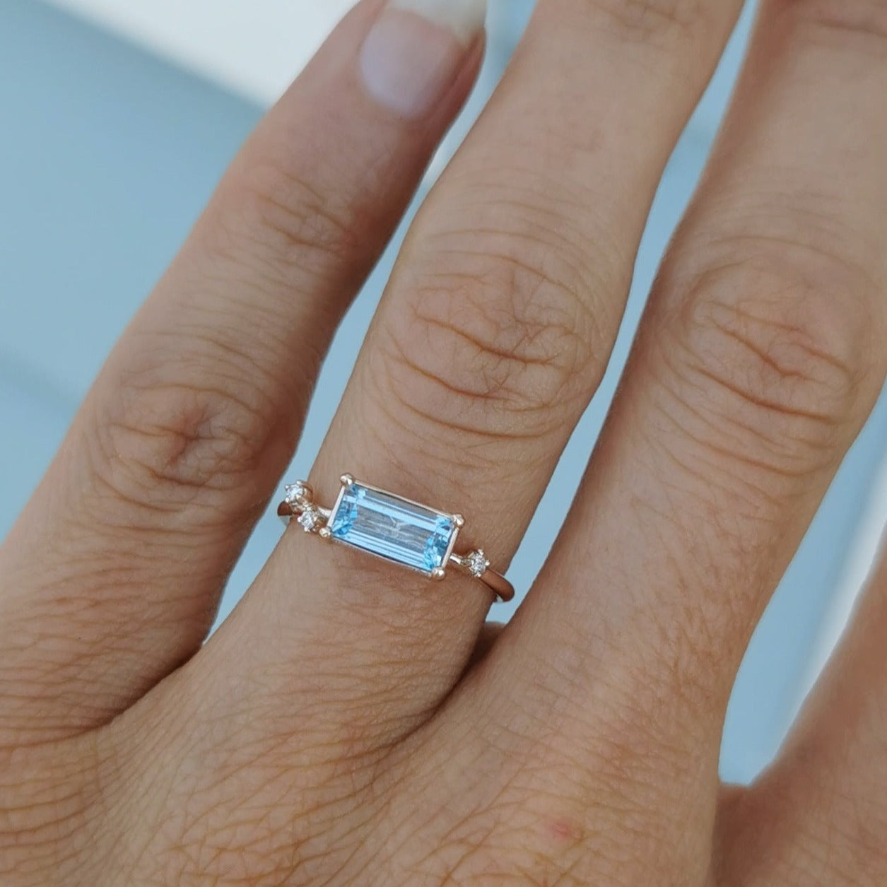 Sky Baguette Cut Blue Topaz & Diamond Ring