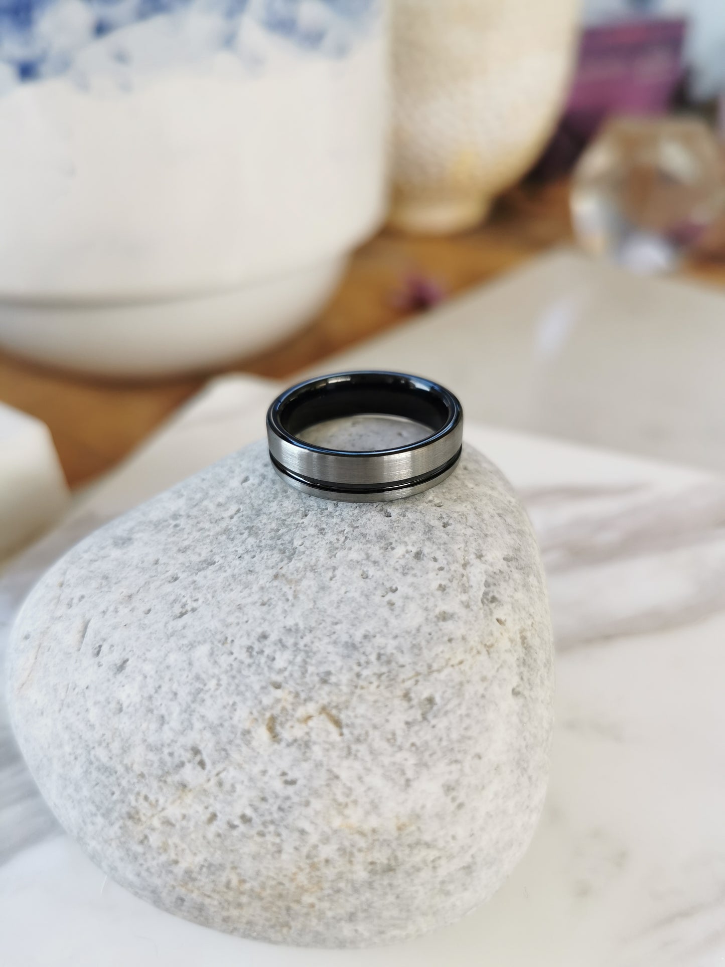 6mm Wide Tungsten Ring with Black Stripe and Inner