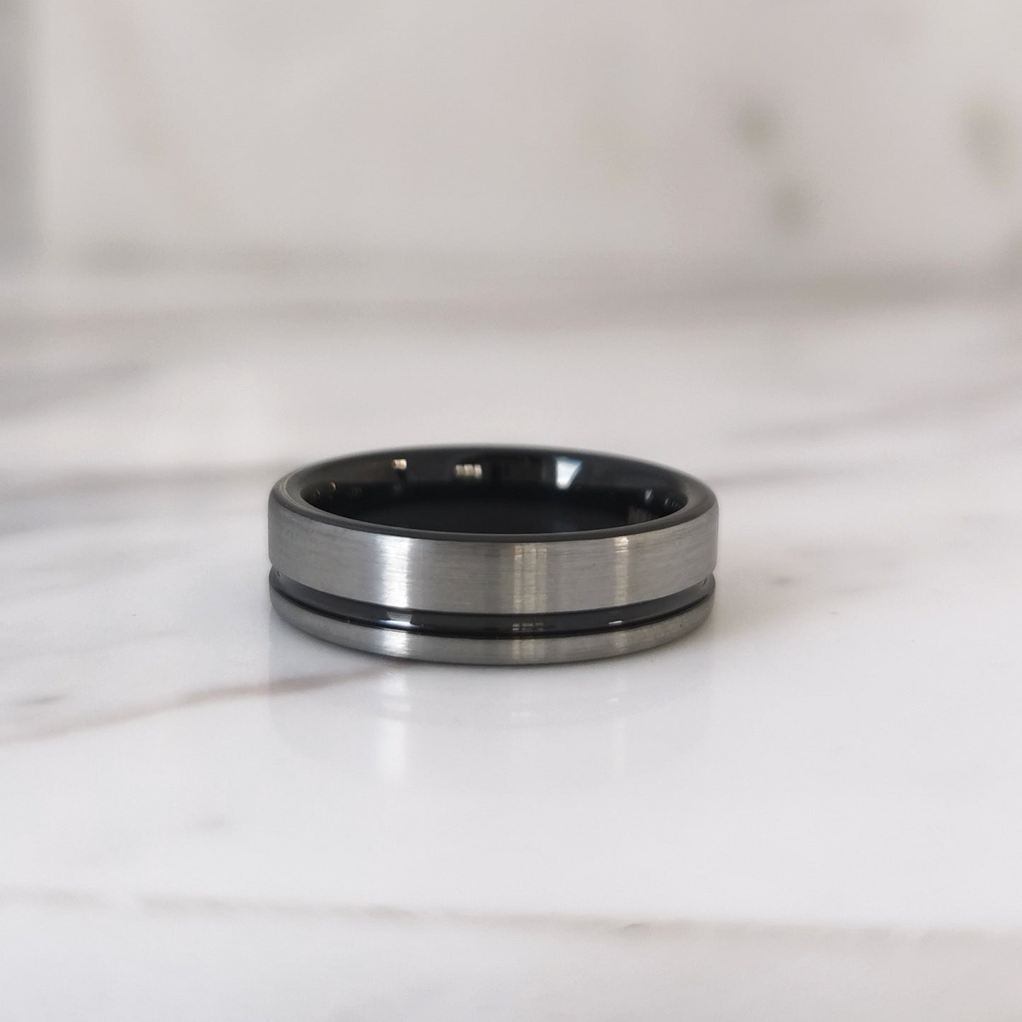 6mm Wide Tungsten Ring with Black Stripe and Inner