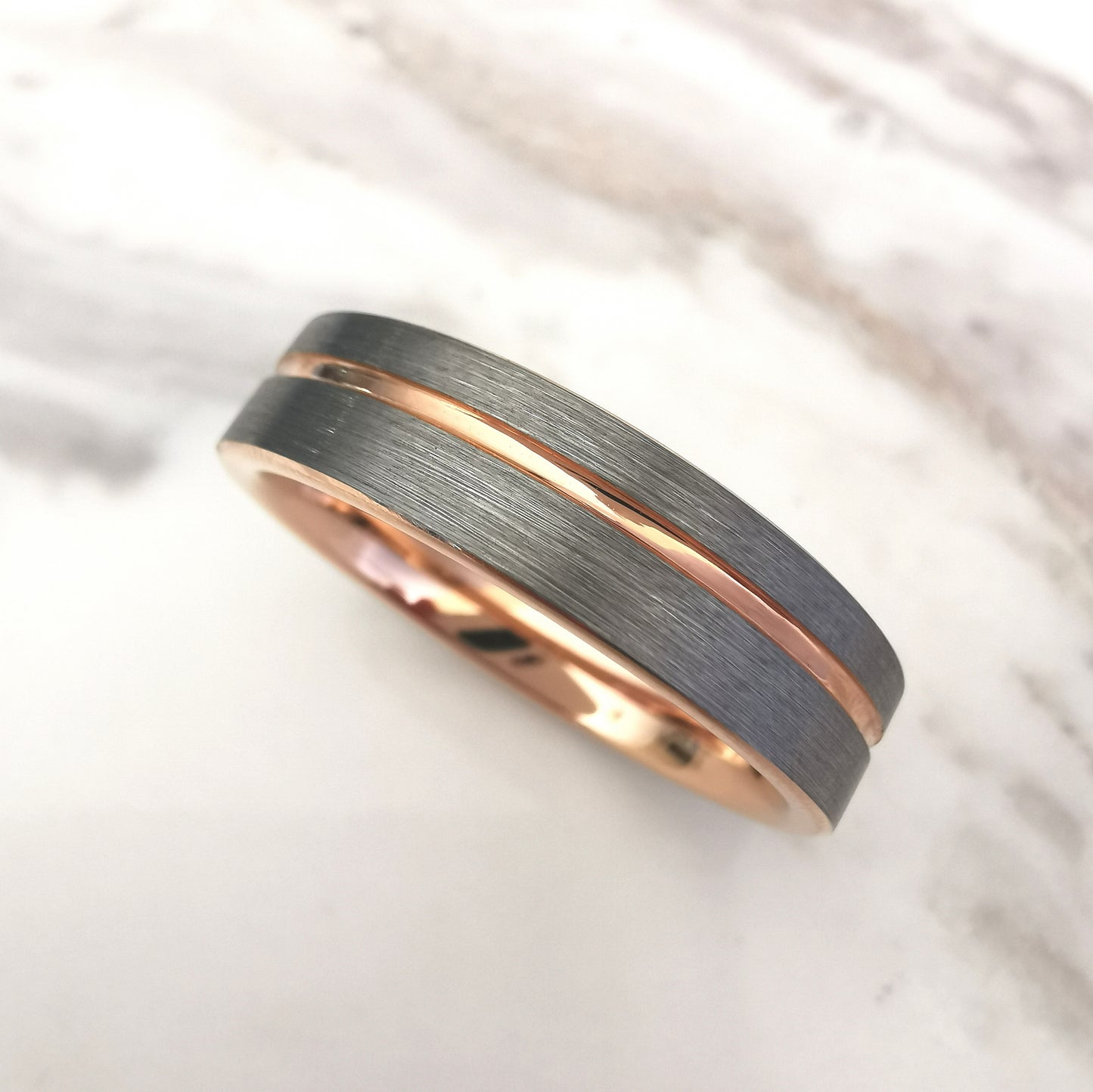 Brushed Tungsten Ring with Rose Gold Plating