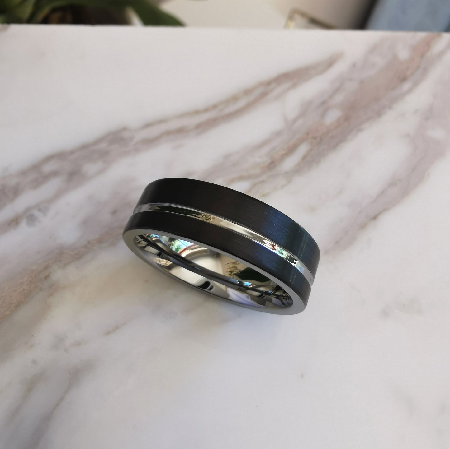 8mm Matt Black Tungsten Ring with Polished Stripe
