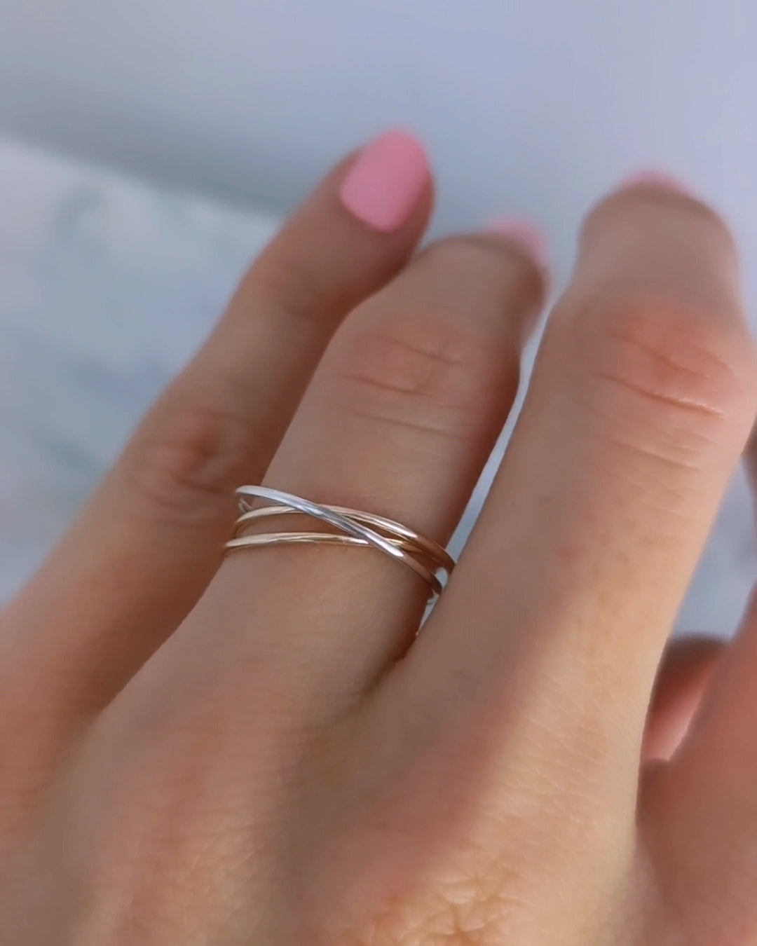 Delicate Single Silver, Double Gold Band Russian Ring