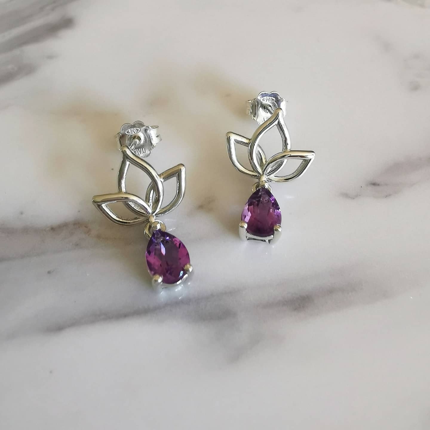 Stunning Silver Lotus and Amethyst Drop Earrings