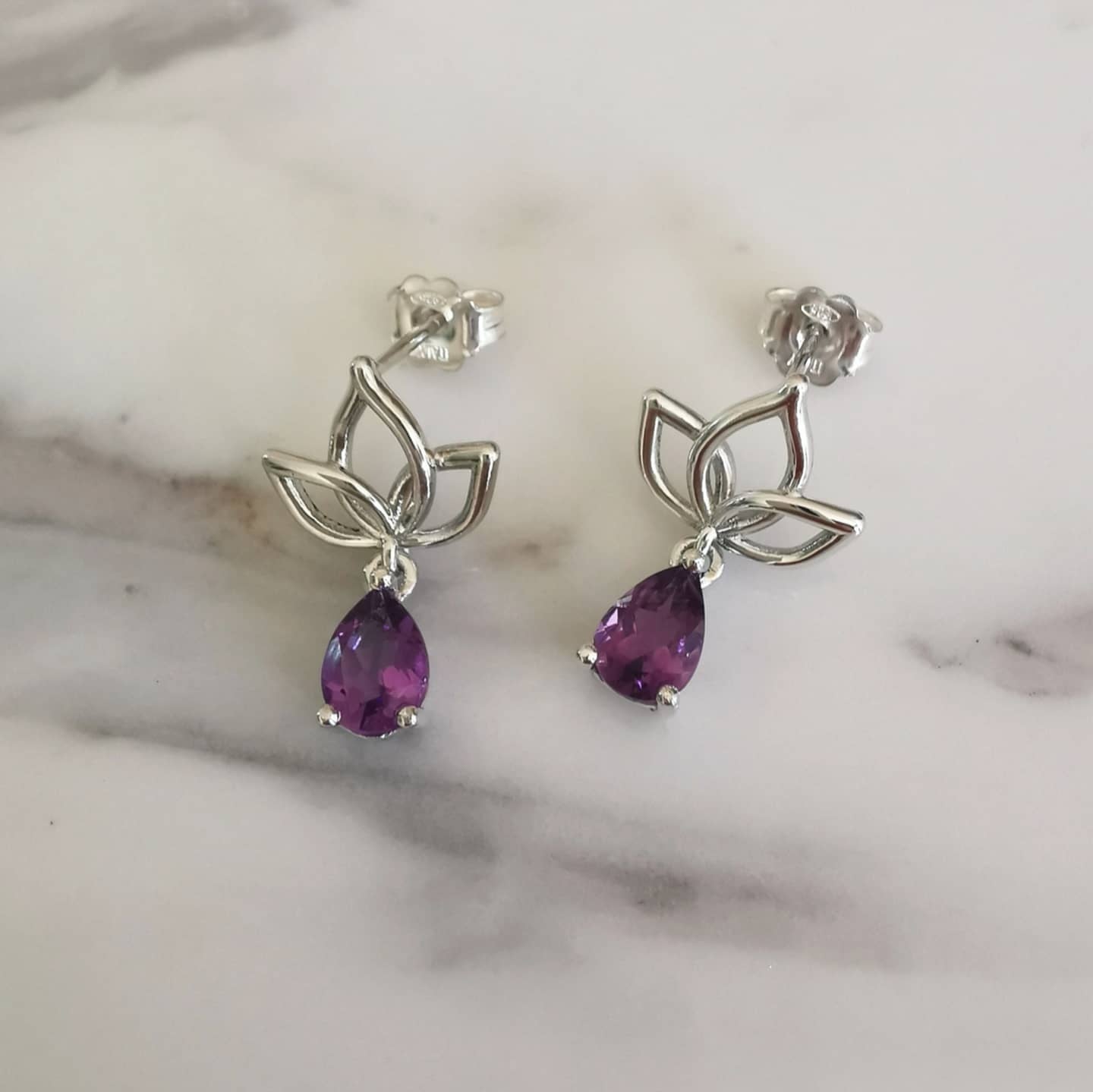 Unique Amethyst & Silver Lotus Dangly Earrings