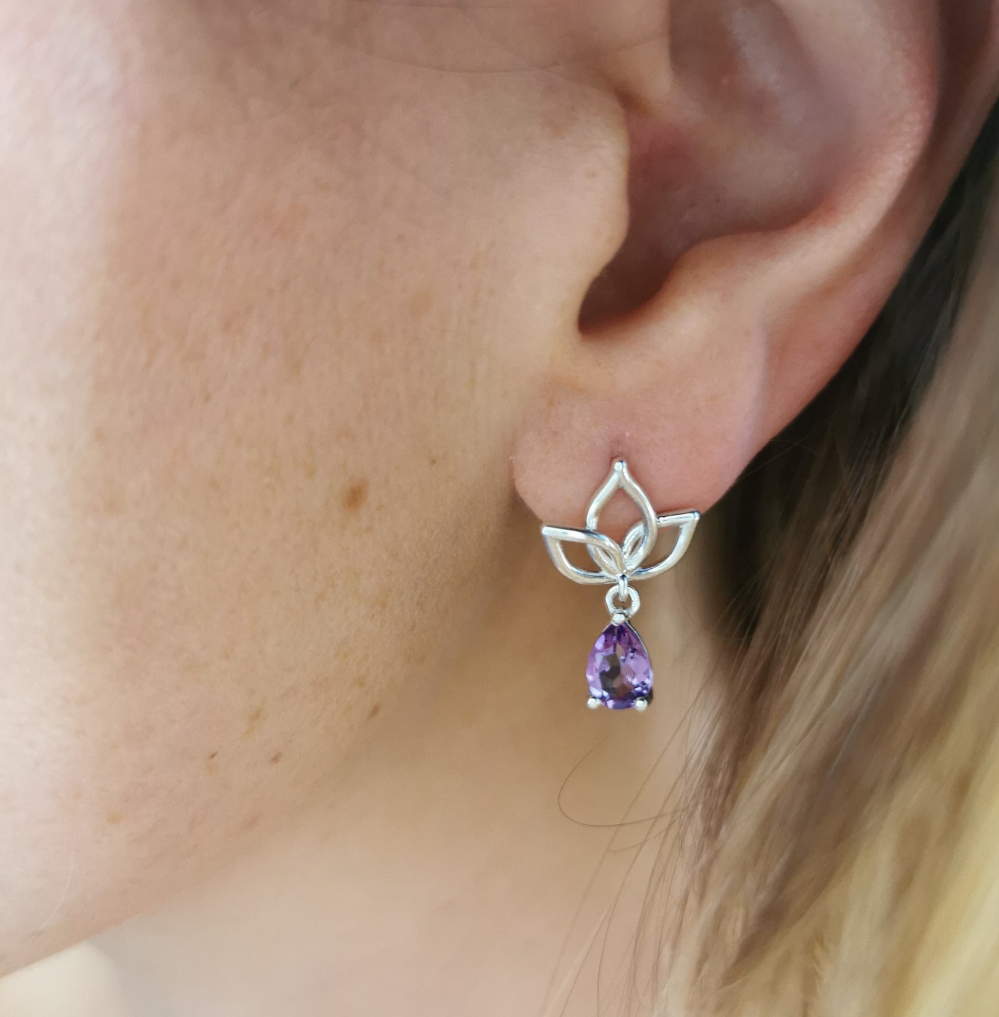Silver Lotus Drop Stud with Pear Cut Amethysts Attached