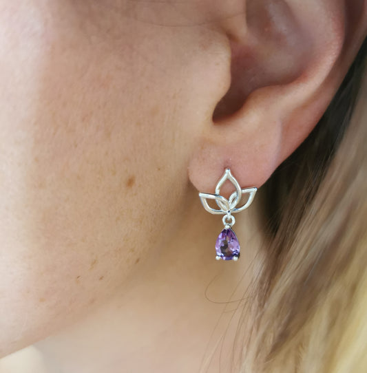 Silver Lotus Drop Stud with Pear Cut Amethysts Attached