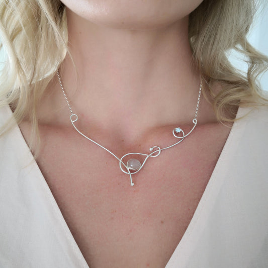 Silver Wistful Wave Necklace with Rose Quartz and Blue Topaz Gemstones