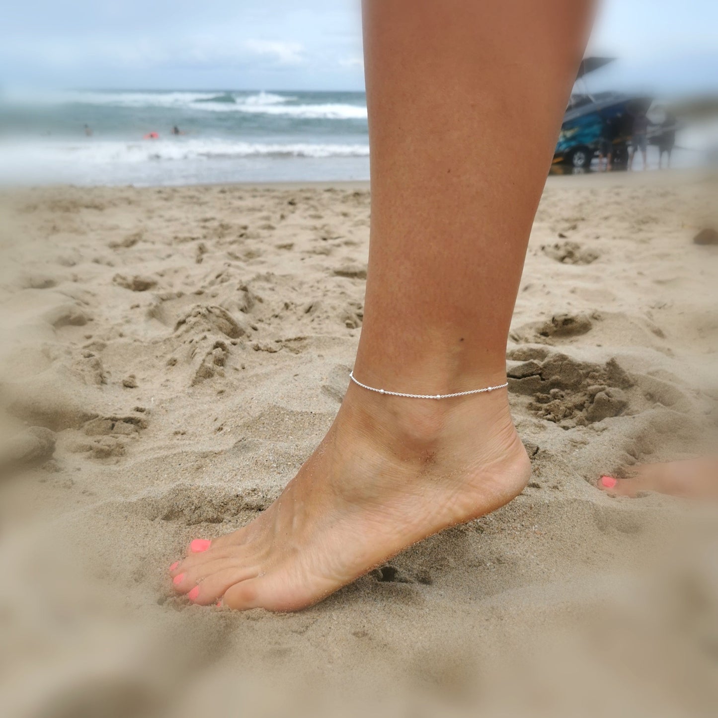 Dainty Silver Beaded Anklet
