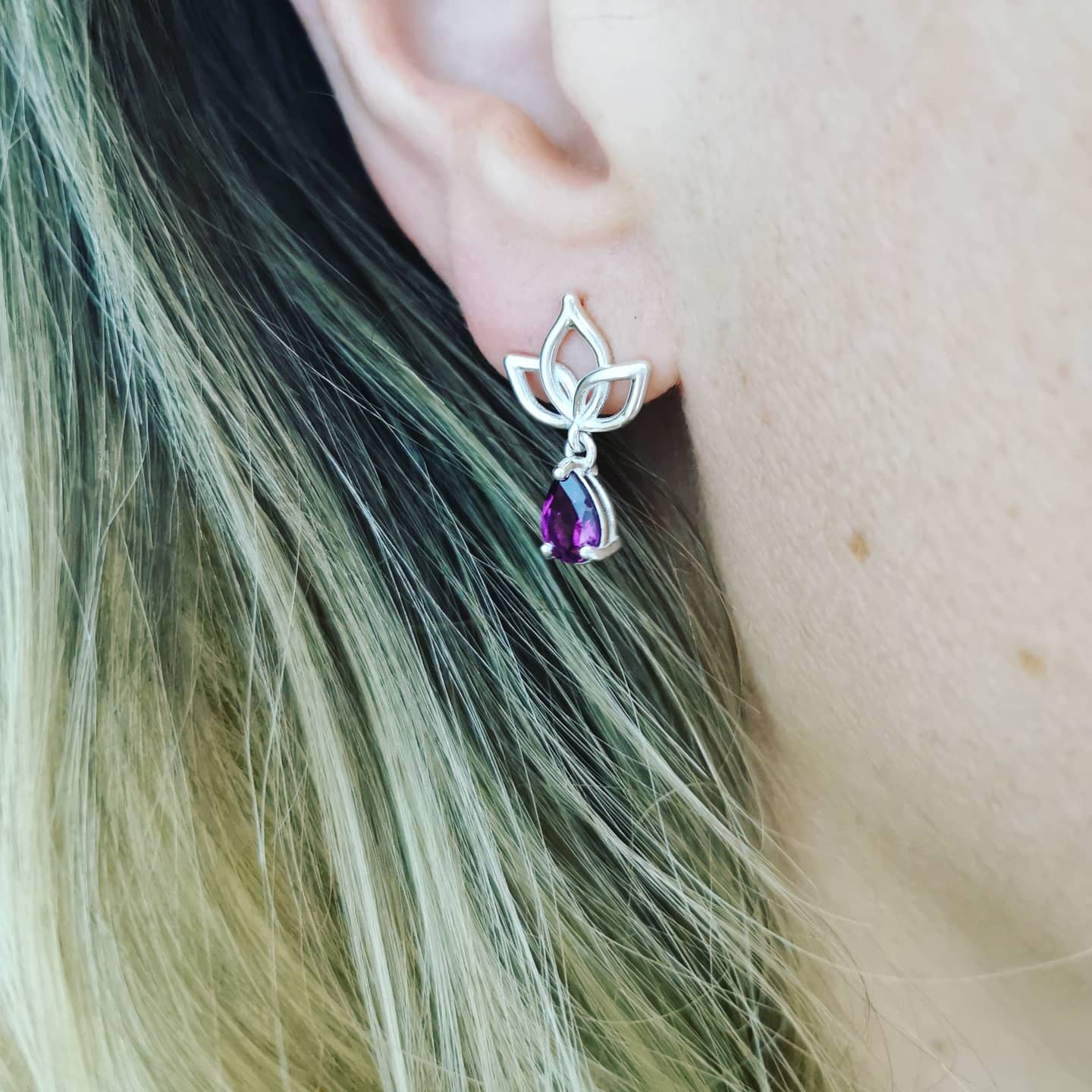Silver Lotus and Rhodolite Garnet Drop Earrings
