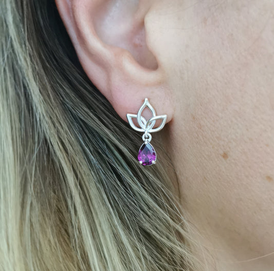 Silver Lotus Drop Stud with Pear Cut Rhodolite Garnets Attached