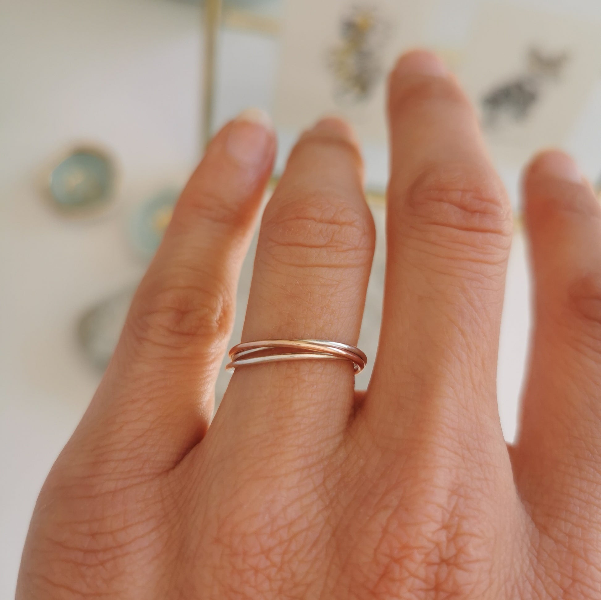 Russian Ring with 2 Silver Bands and 1 9ct Rose Gold Band