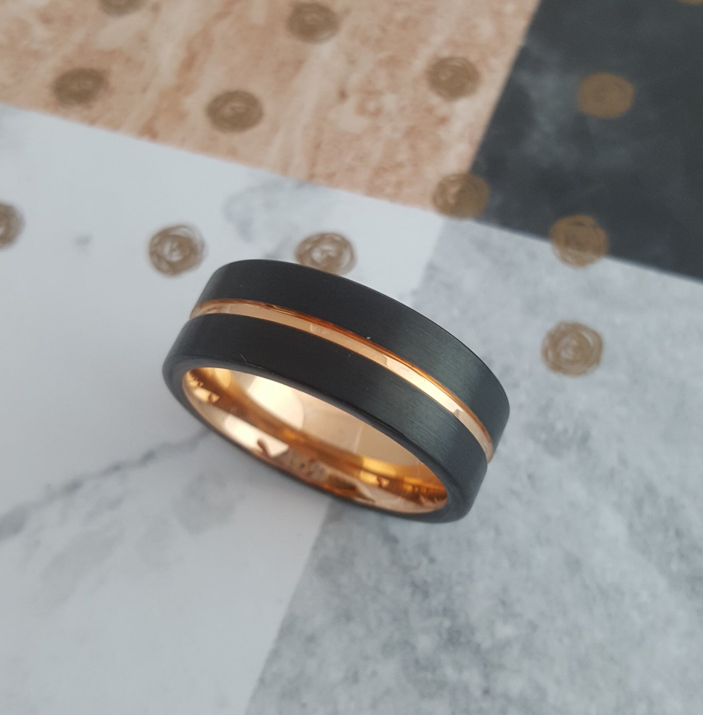 Black Tungsten Band with Rose Gold Plated Stripe and Inner