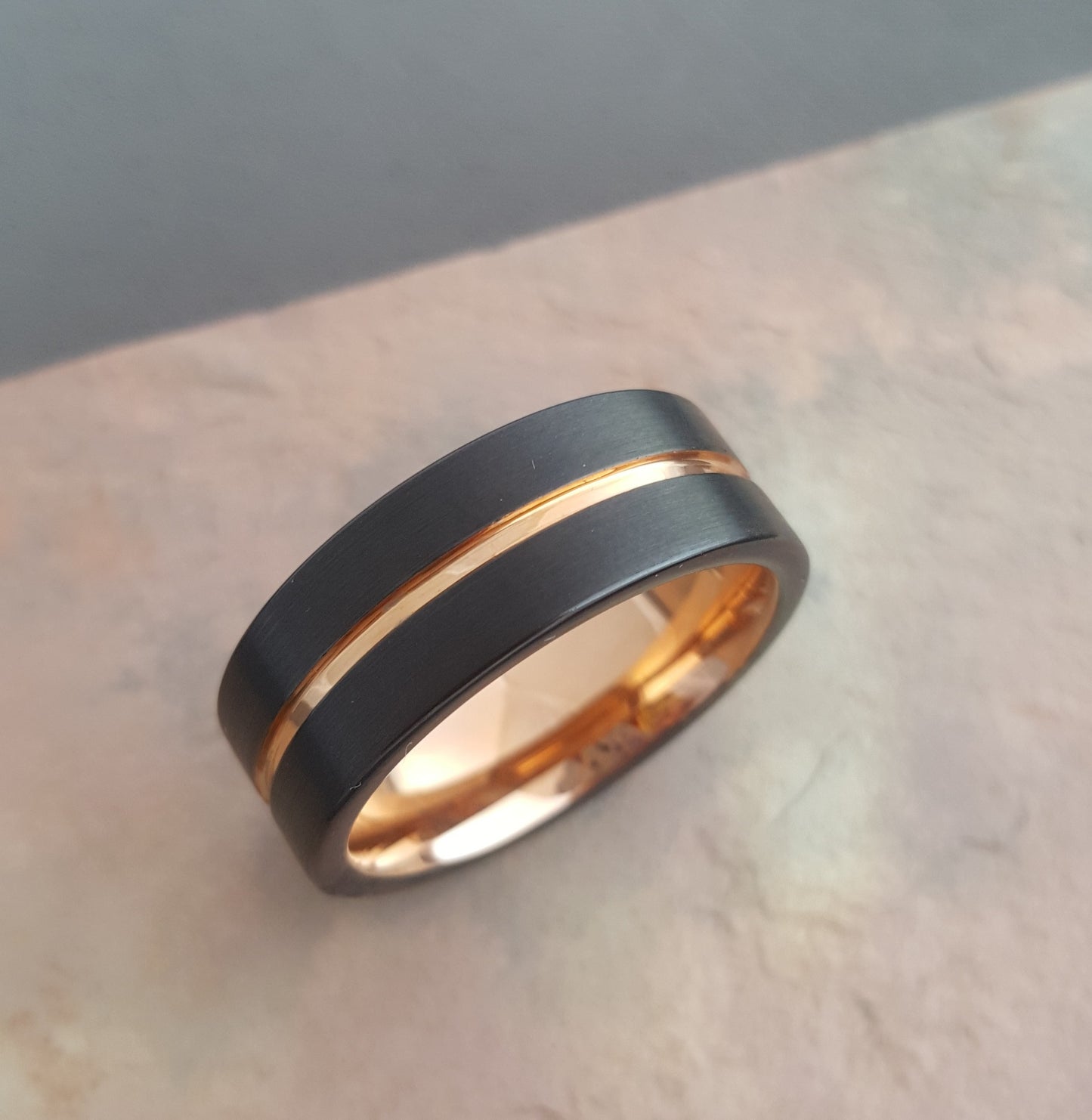 Black Tungsten Band with Rose Gold Plated Stripe and Inner