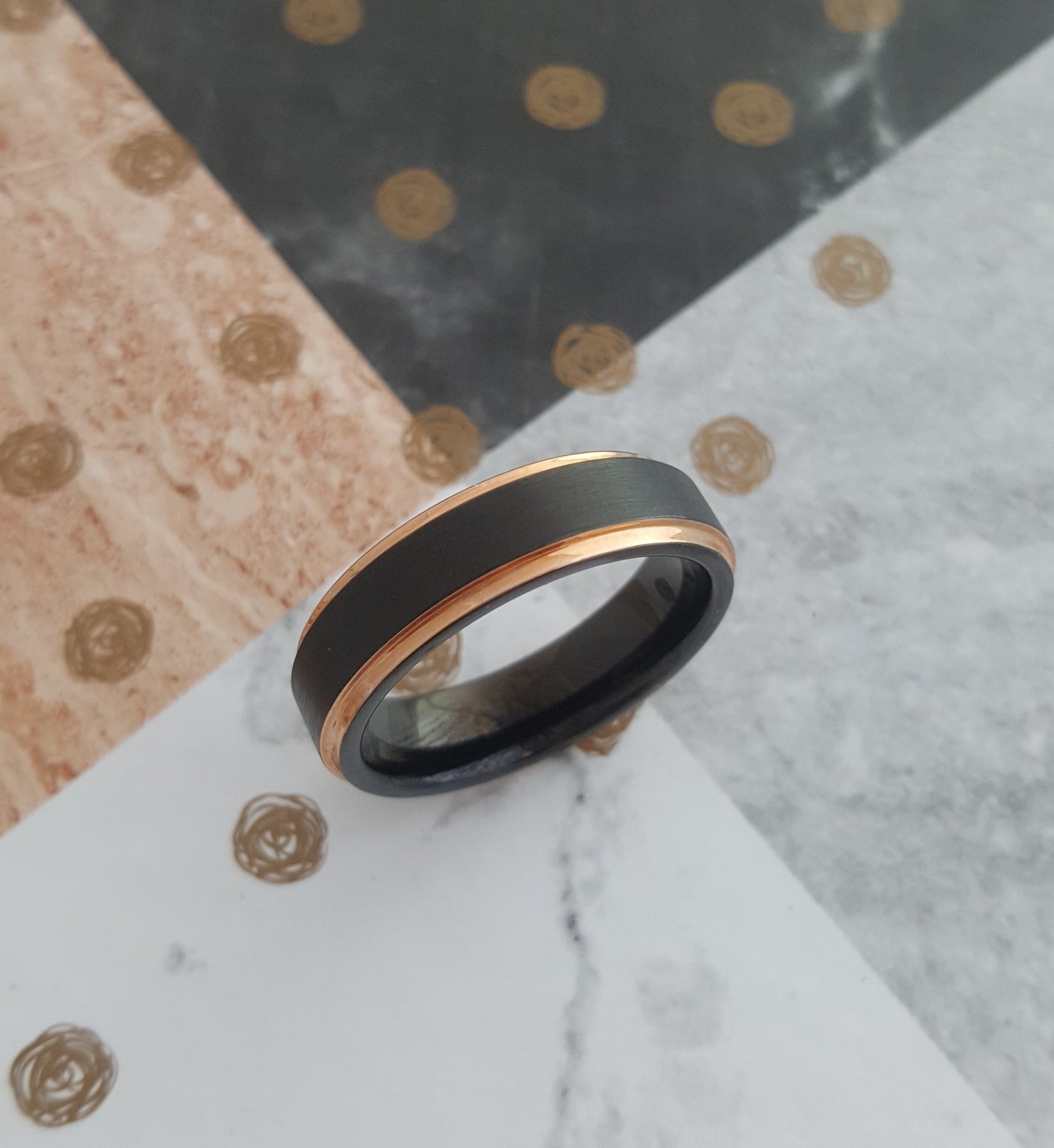 Matt Black 6mm Wide Tungsten Carbide Band with Rose Gold Edges