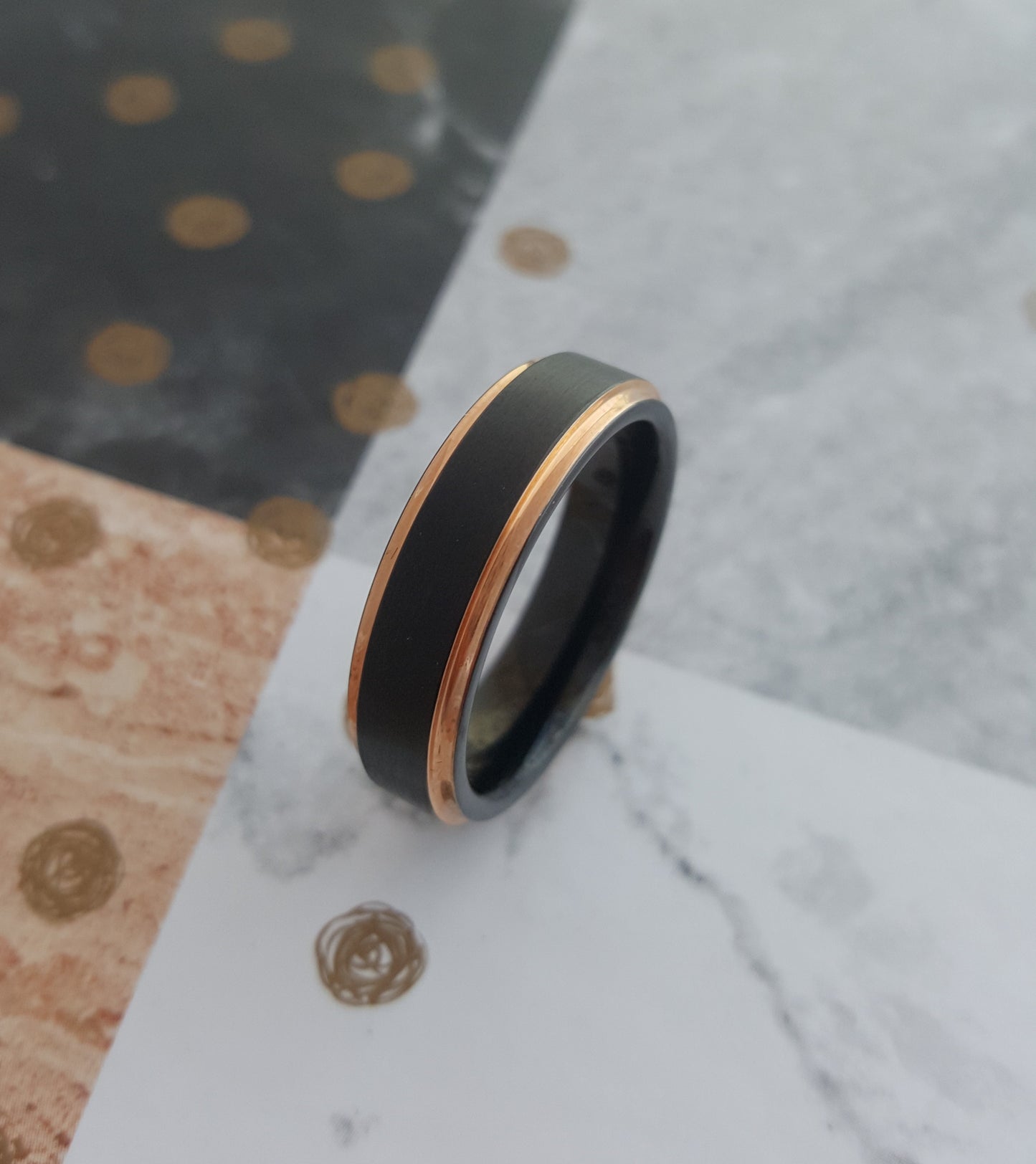 Matt Black 6mm Wide Tungsten Carbide Band with Rose Gold Edges