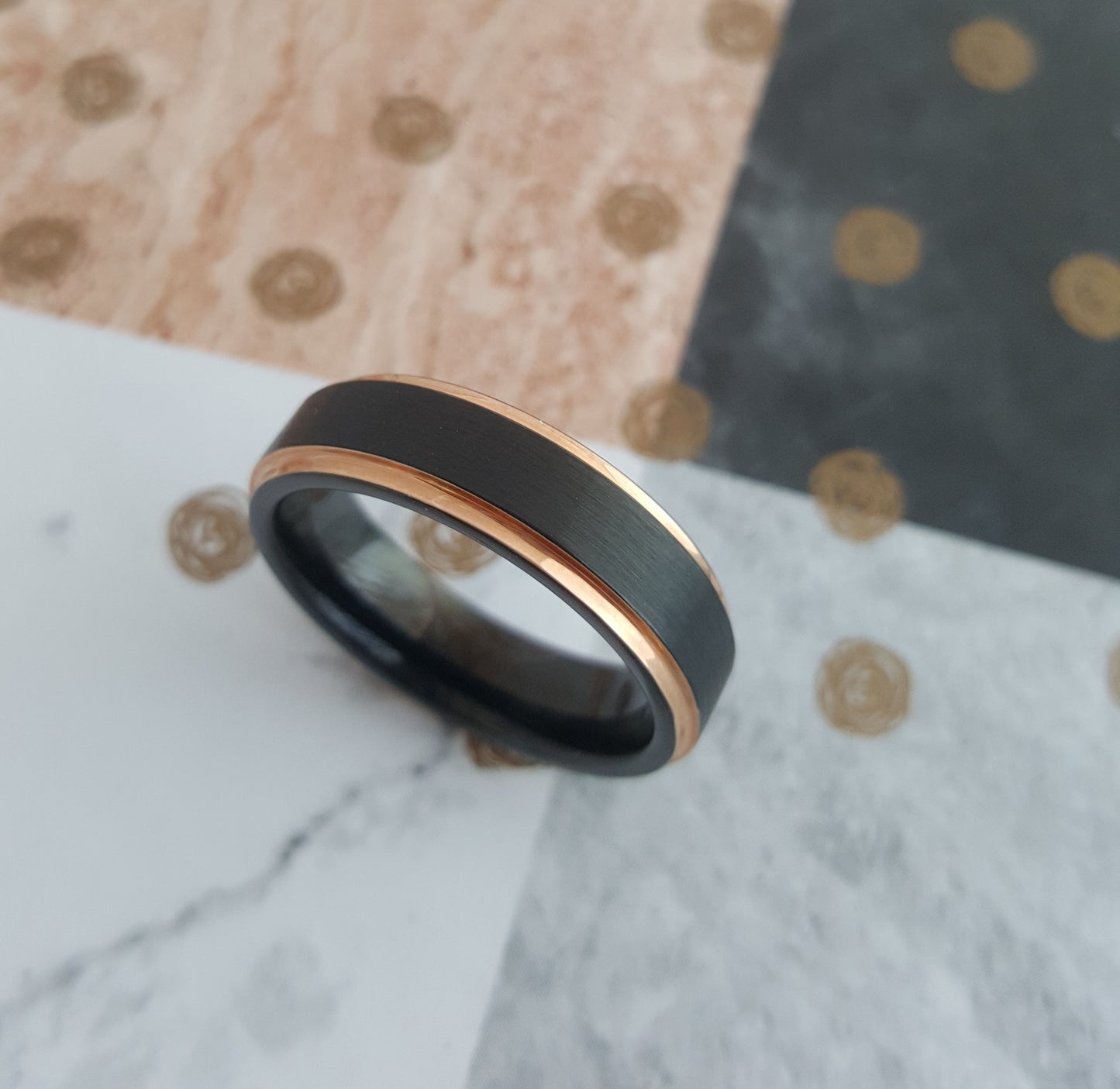 Matt Black 6mm Wide Tungsten Carbide Band with Rose Gold Edges