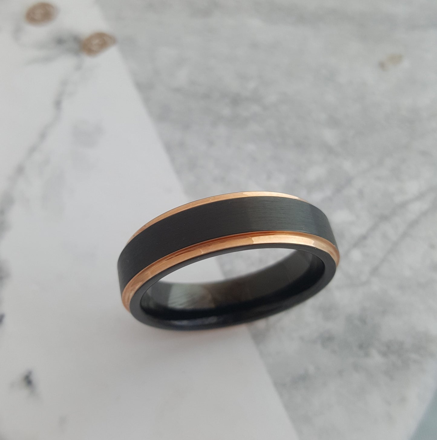 Matt Black 6mm Wide Tungsten Carbide Band with Rose Gold Edges