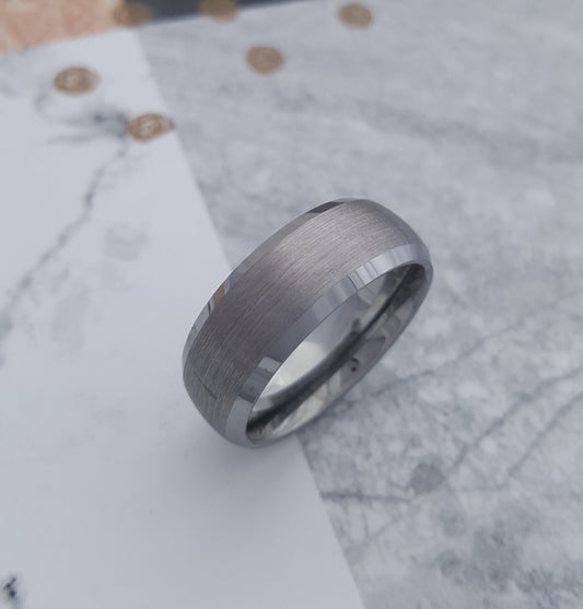 8mm Wide Brushed Tungsten Ring with Polished Beveled Edges