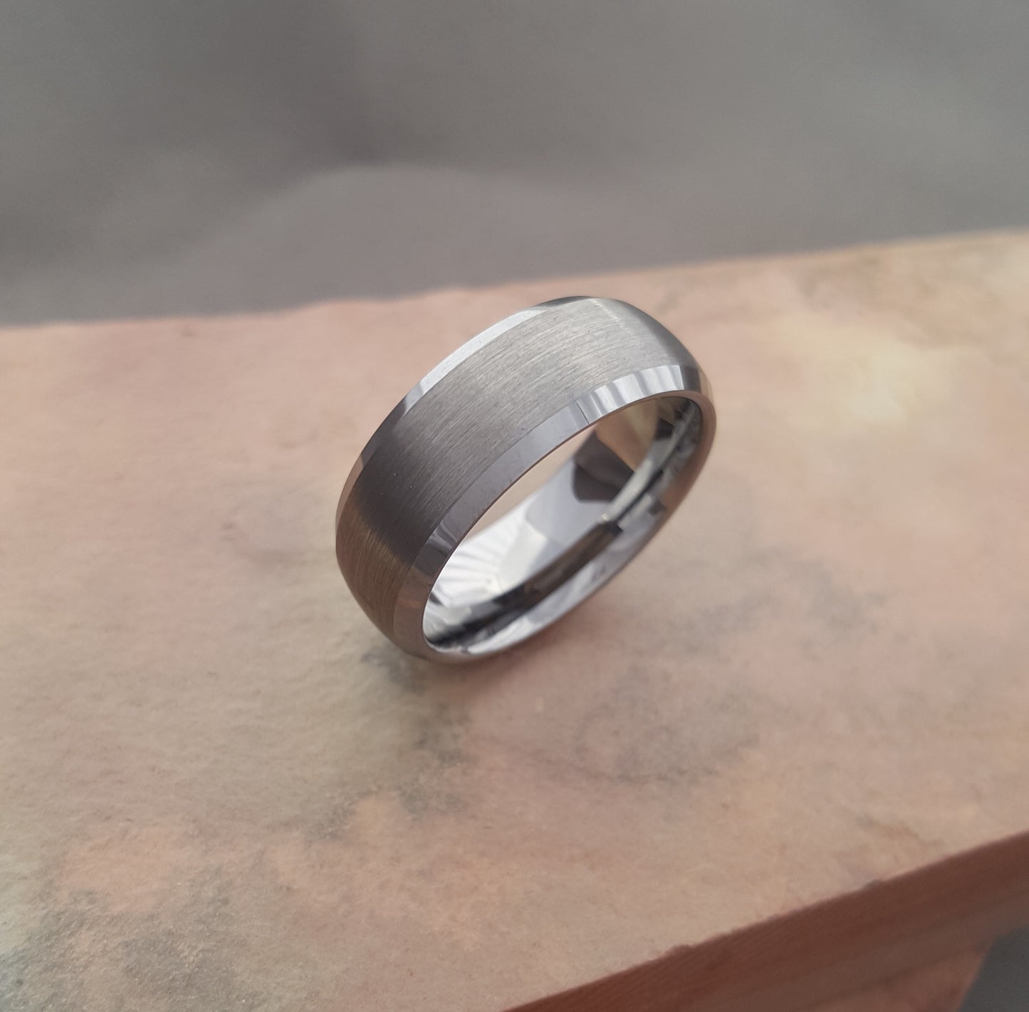 8mm Wide Brushed Tungsten Ring with Polished Beveled Edges