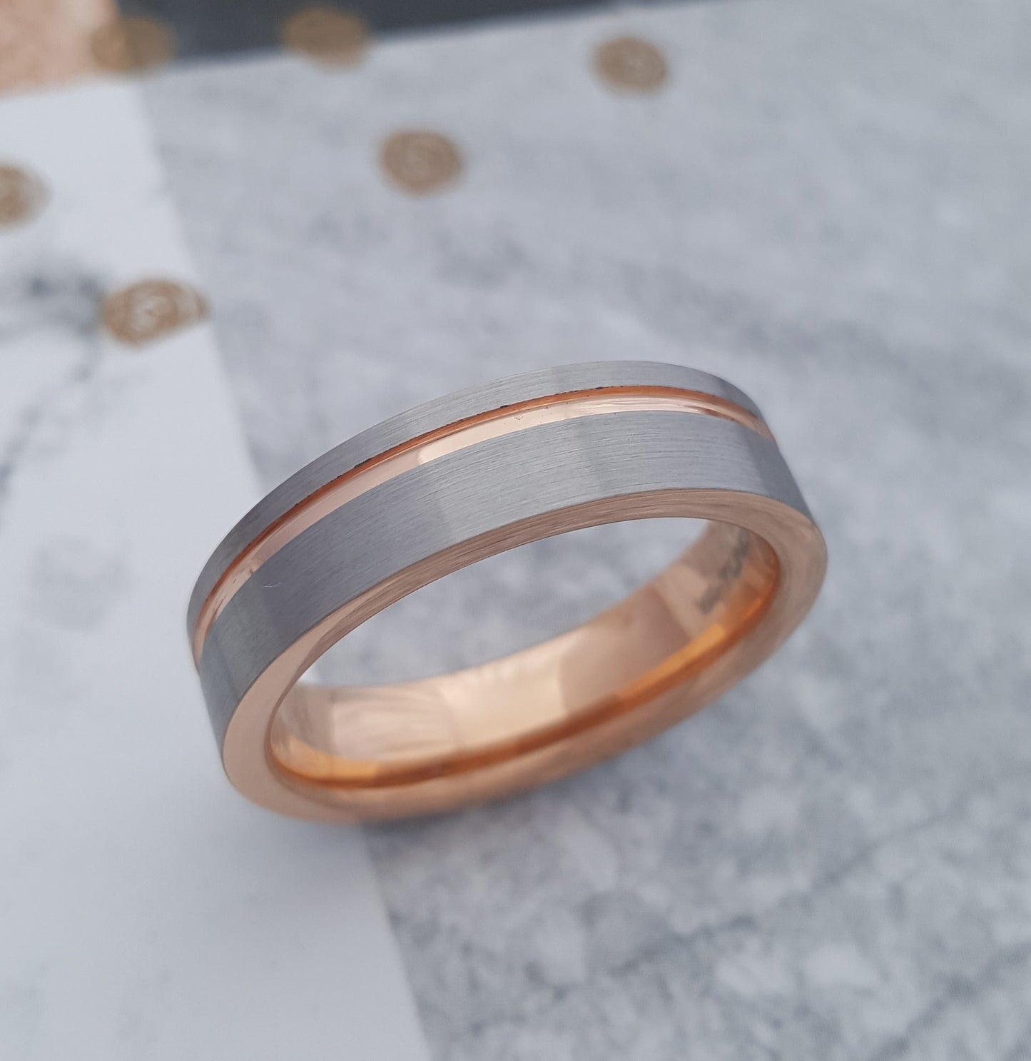 Brushed Tungsten Ring with Rose Gold Plating