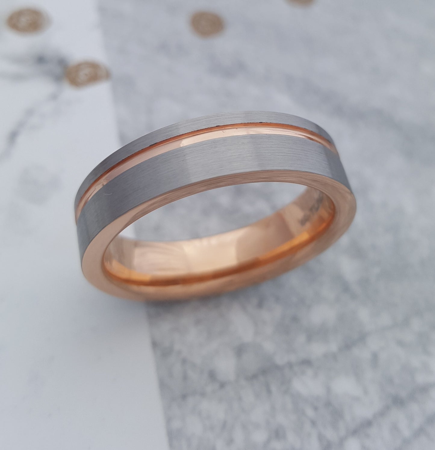 Brushed Tungsten Ring with Rose Gold Plating
