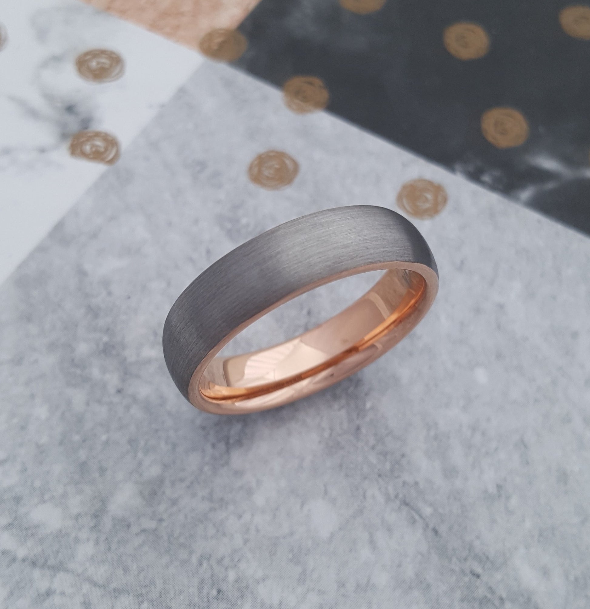 Durable Gents 6mm Wide D-Shape Brushed Tungsten Ring with Rose Gold Inner