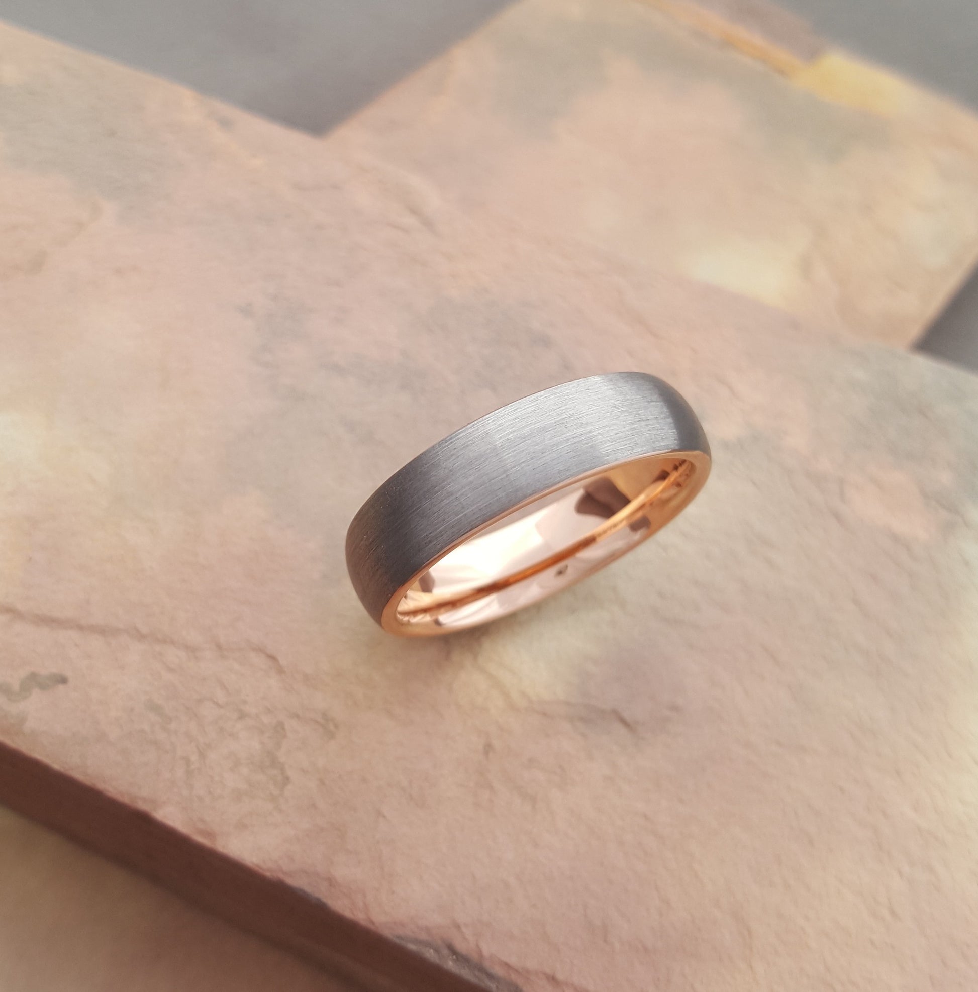 6mm Wide D-Shape Brushed Tungsten Ring with Rose Gold Inner