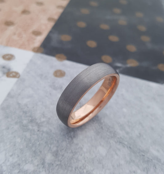 6mm Wide D-Shape Brushed Tungsten Ring with Rose Gold Inner