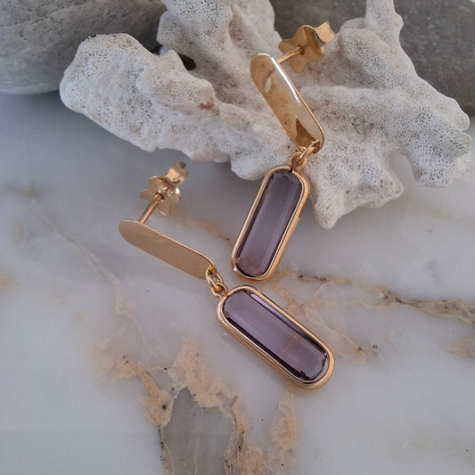 Unique 9ct Gold Amethyst Lilac Gem Drop Earrings