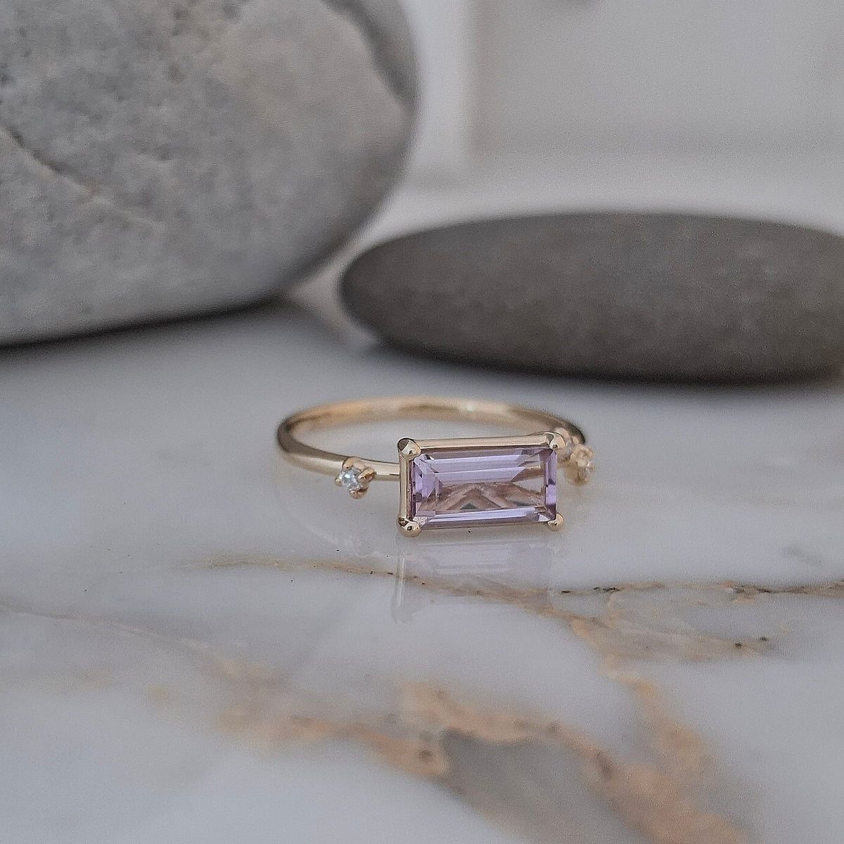 Glisten Lilac Baguette Amethyst & Gold Diamond Ring