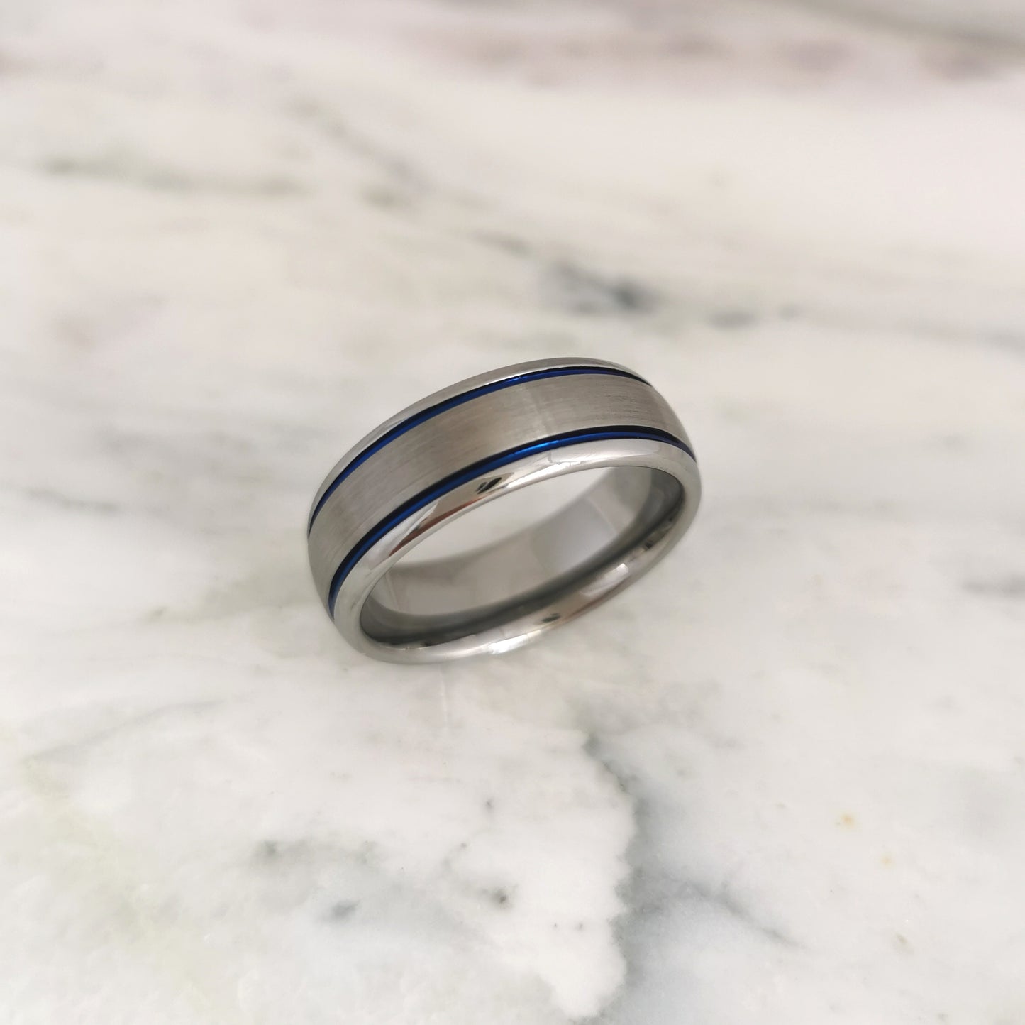 8mm Wide Tungsten Ring with Double Blue Stripes