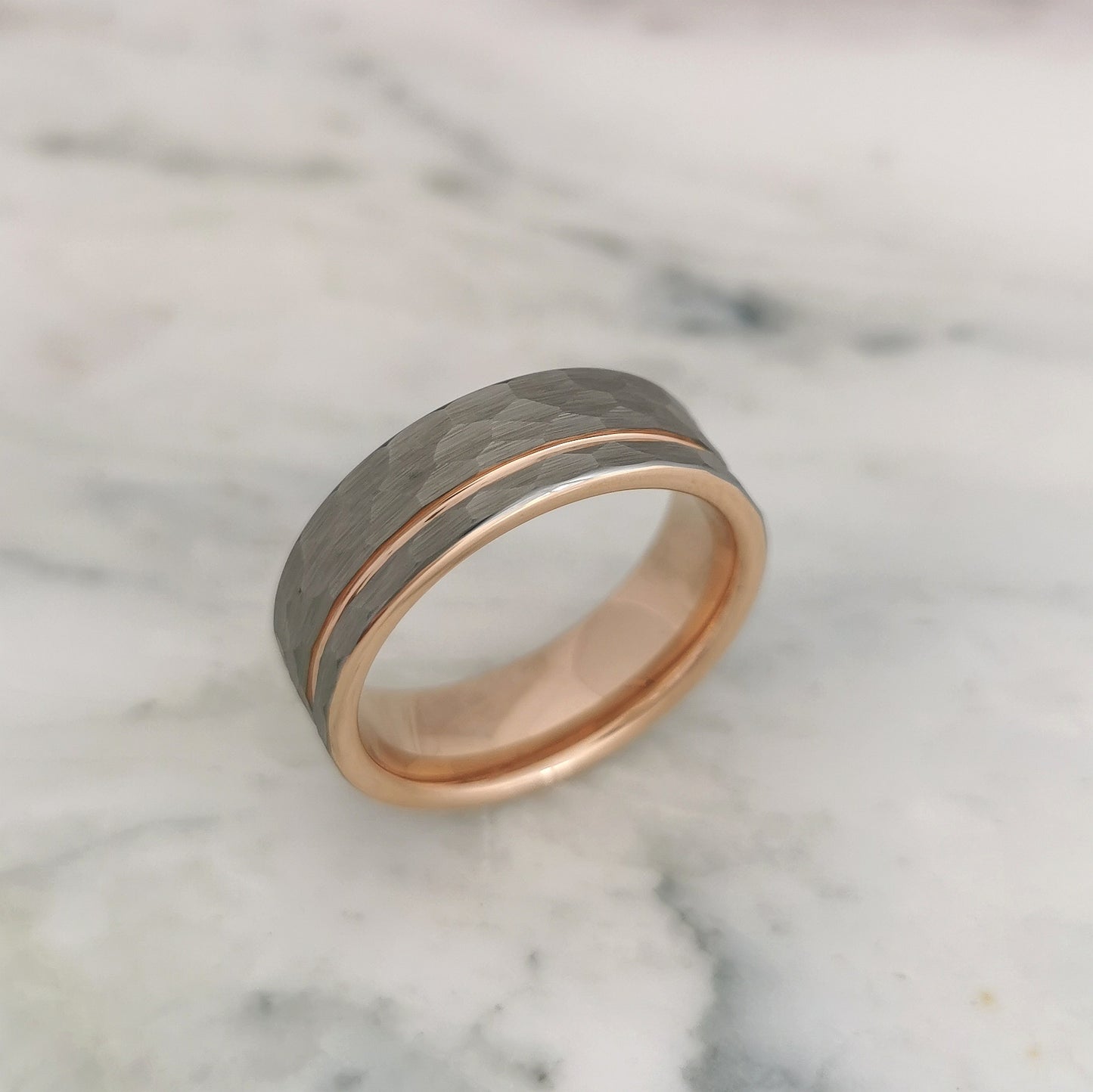 8mm Textured Tungsten Ring with Rose Gold Plating