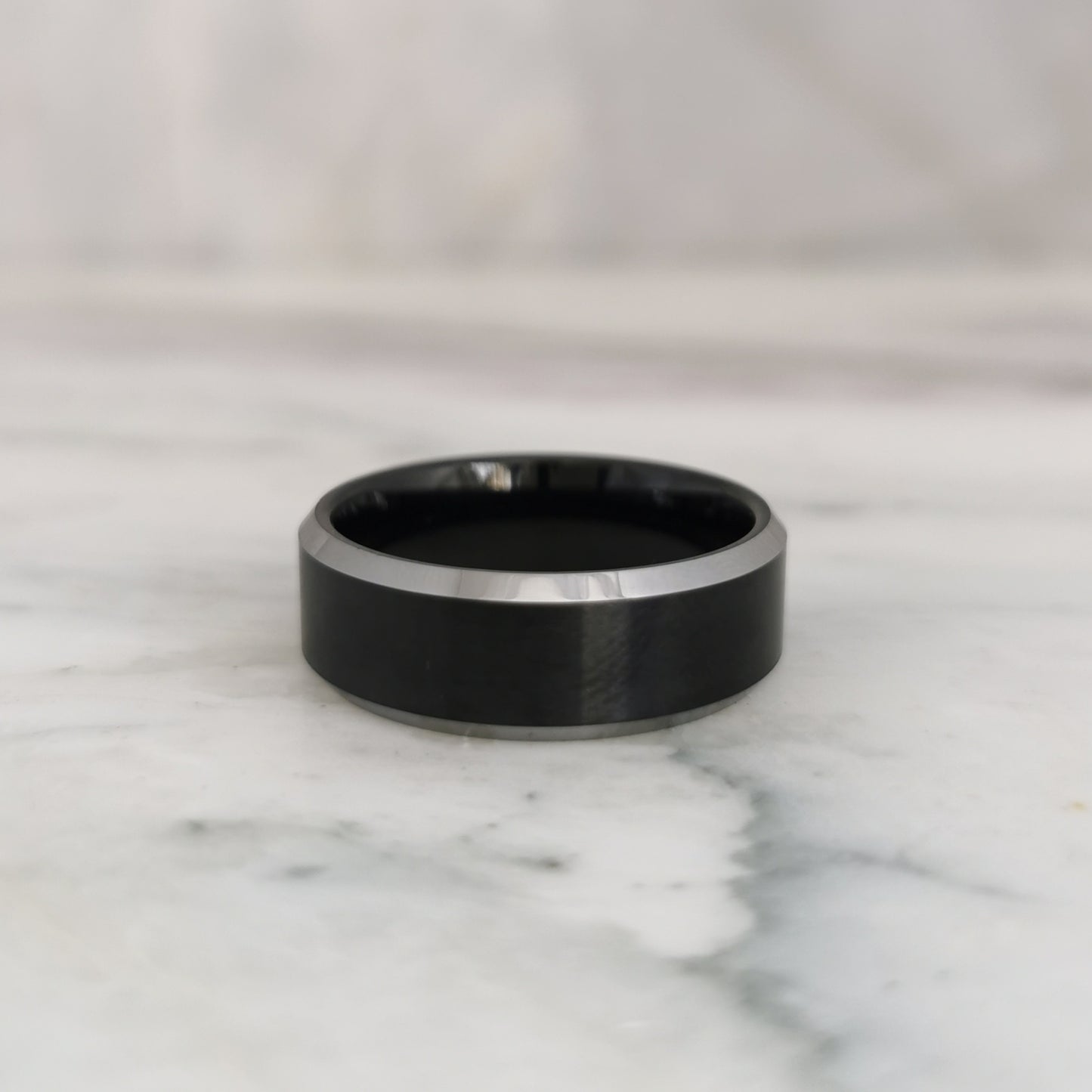 8mm Matt Black Tungsten Ring with Polished Bevelled Edges