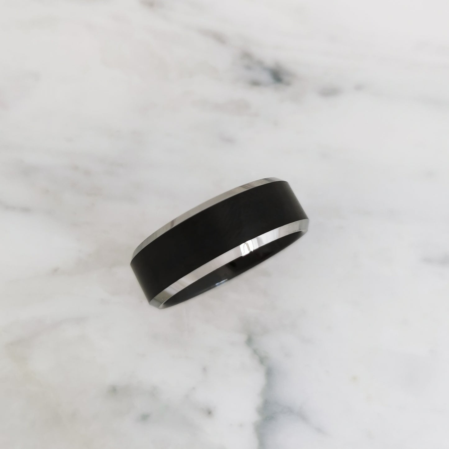 8mm Matt Black Tungsten Ring with Polished Bevelled Edges