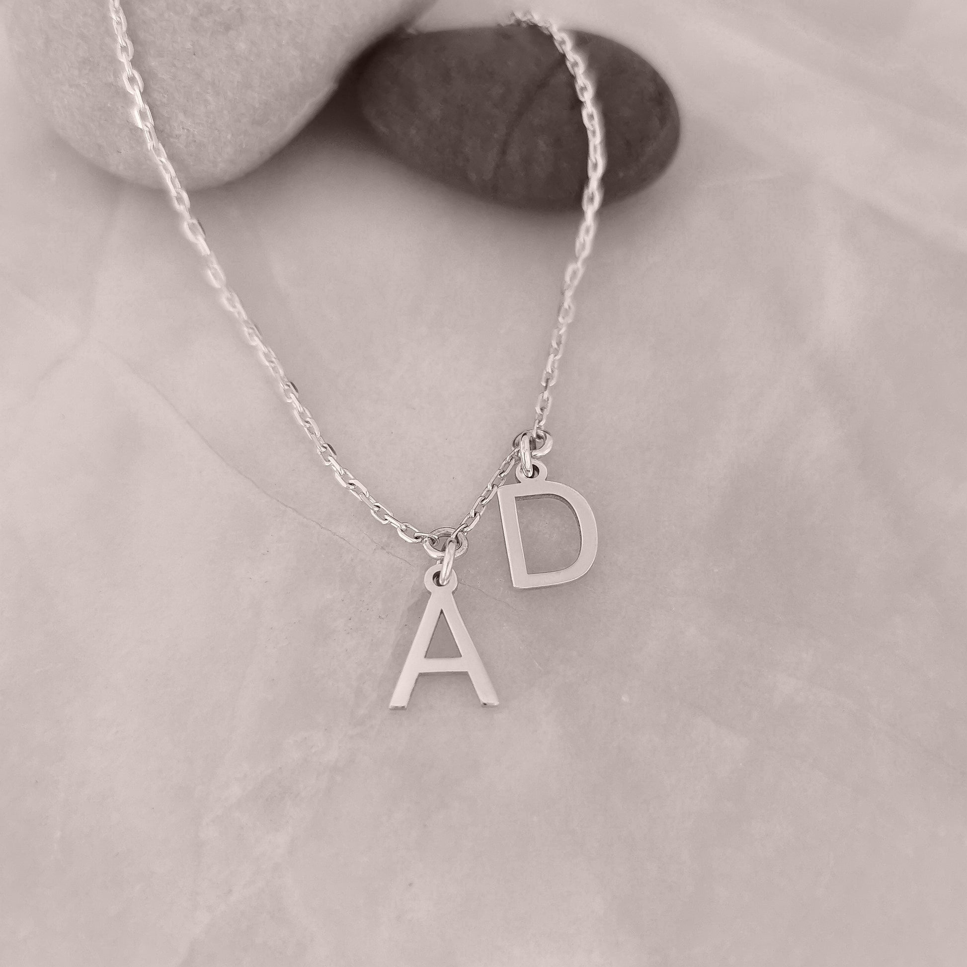 Solid Silver Initial Necklace with Two Initials Charms Attached