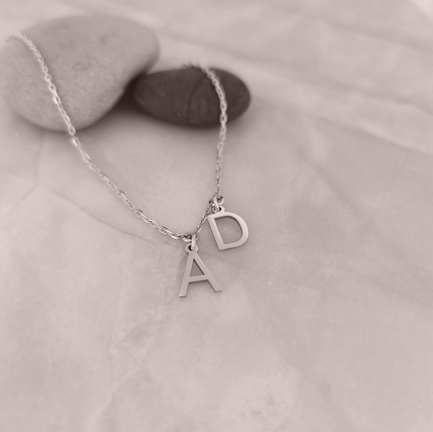 9ct White Gold Initial Necklace with Two Initials Charms Attached