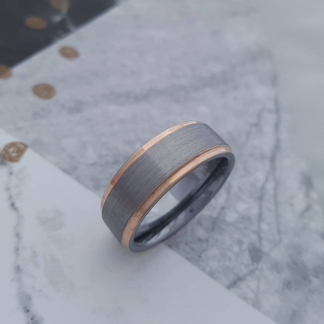 8mm Matte Tungsten Ring with Rose Gold Plated Edges