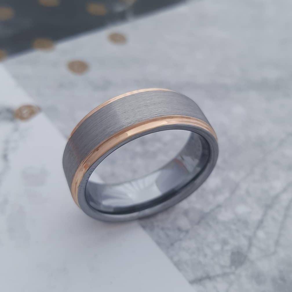 8mm Matte Tungsten Ring with Rose Gold Plated Edges