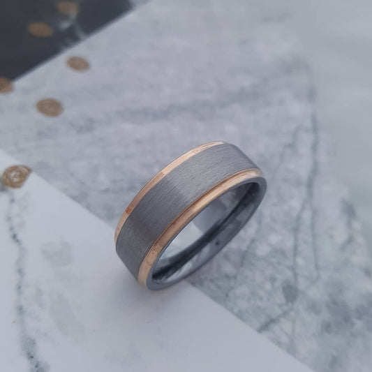 8mm Matte Tungsten Ring with Rose Gold Plated Edges