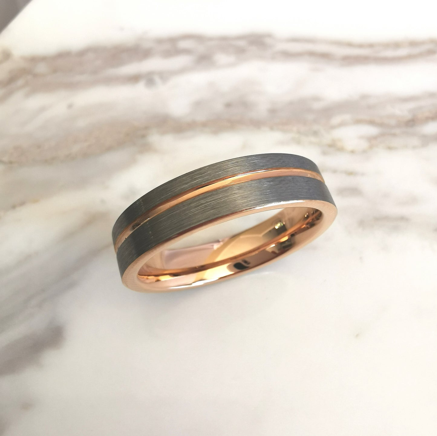 Brushed Tungsten Ring with Rose Gold Plating