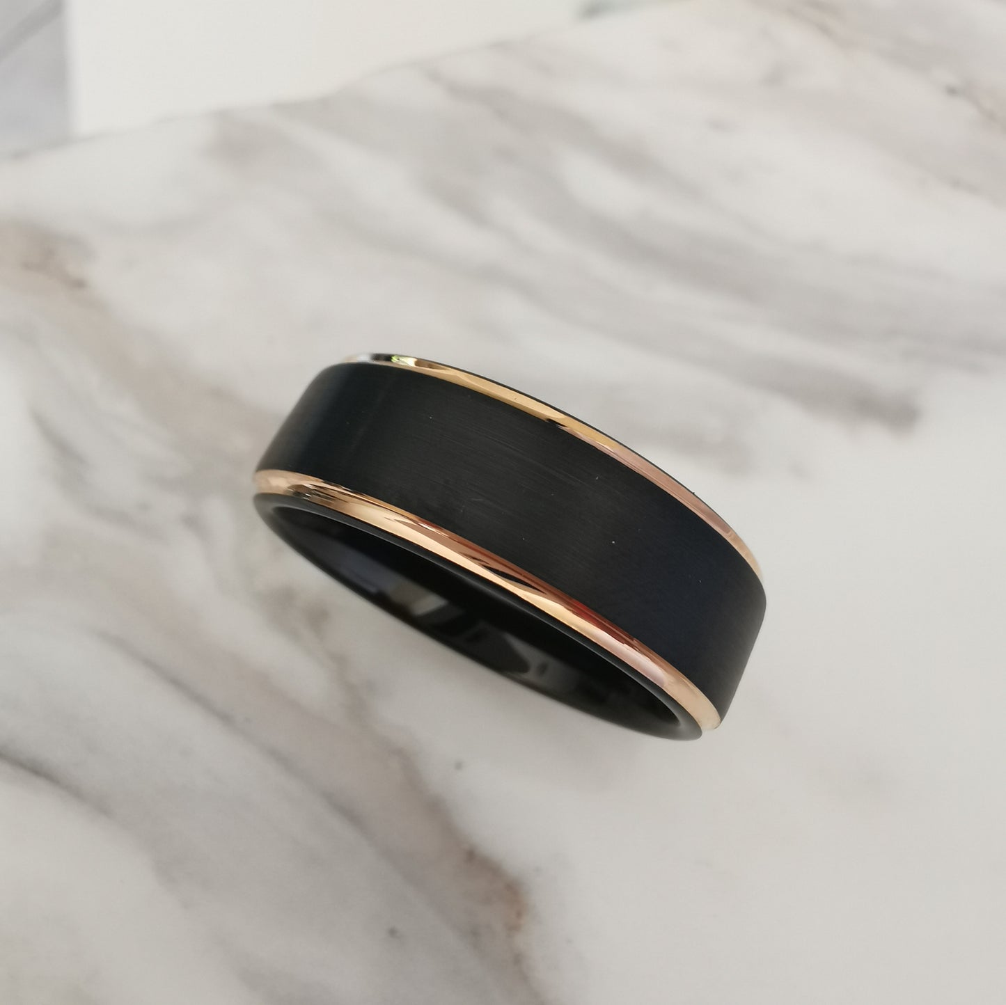 8mm Wide Black Tungsten Ring with Rose Gold Plated Edges