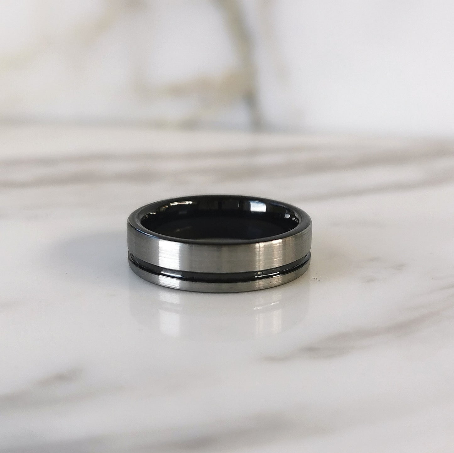 6mm Wide Tungsten Ring with Black Stripe and Inner