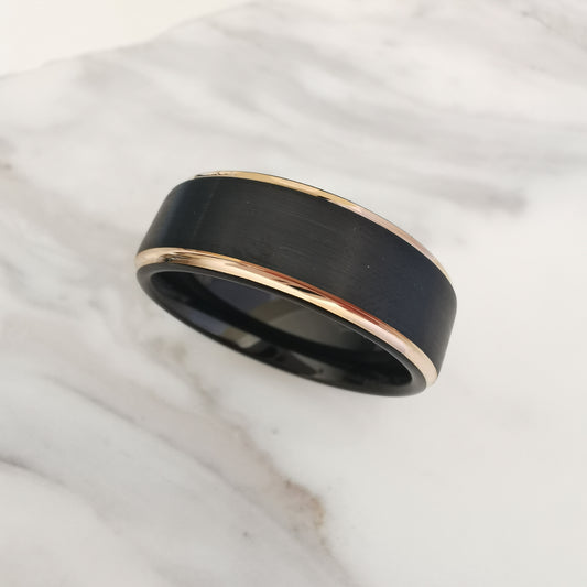 8mm Wide Black Tungsten Ring with Rose Gold Plated Edges