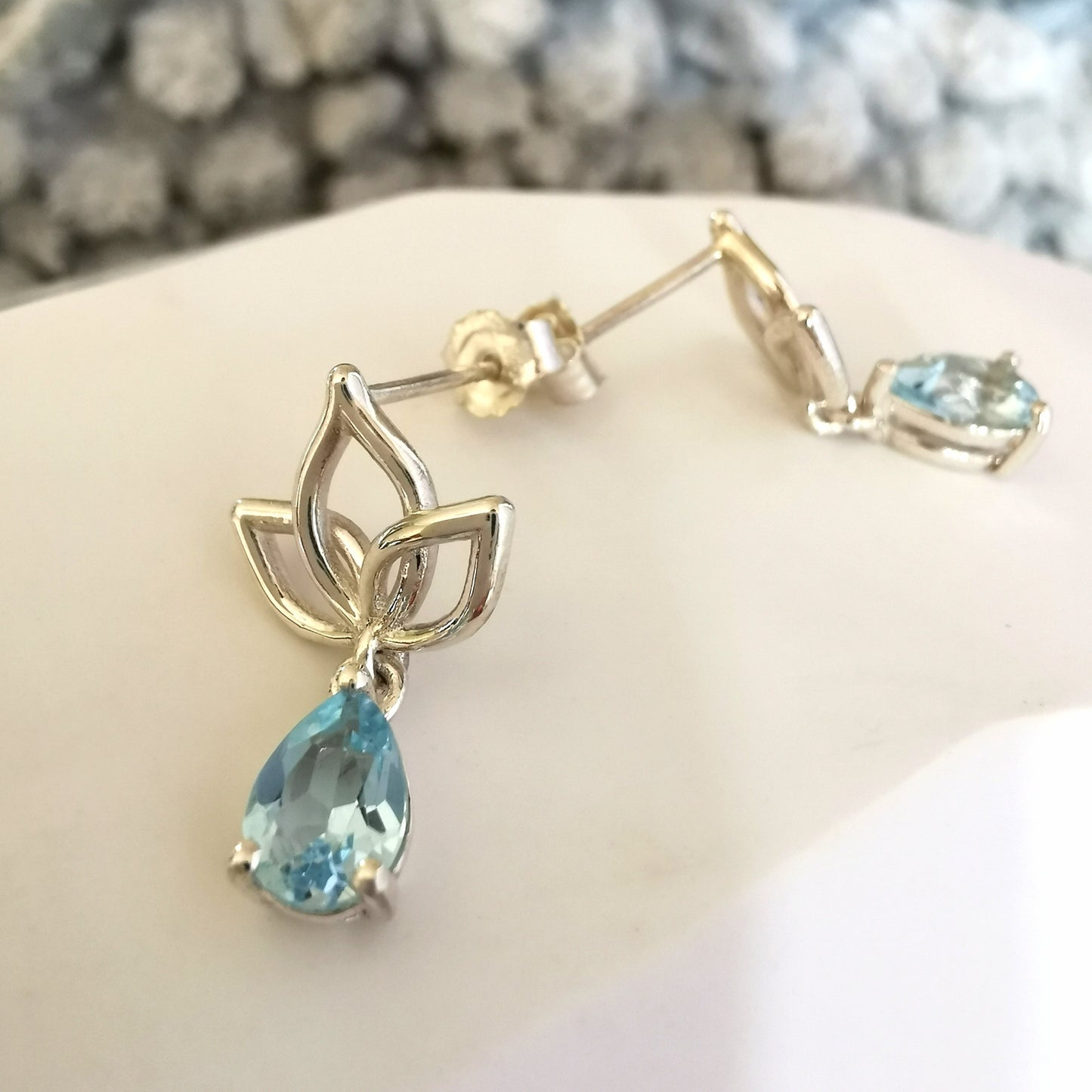 Silver Lotus Drop Earrings - Sky Blue Topaz