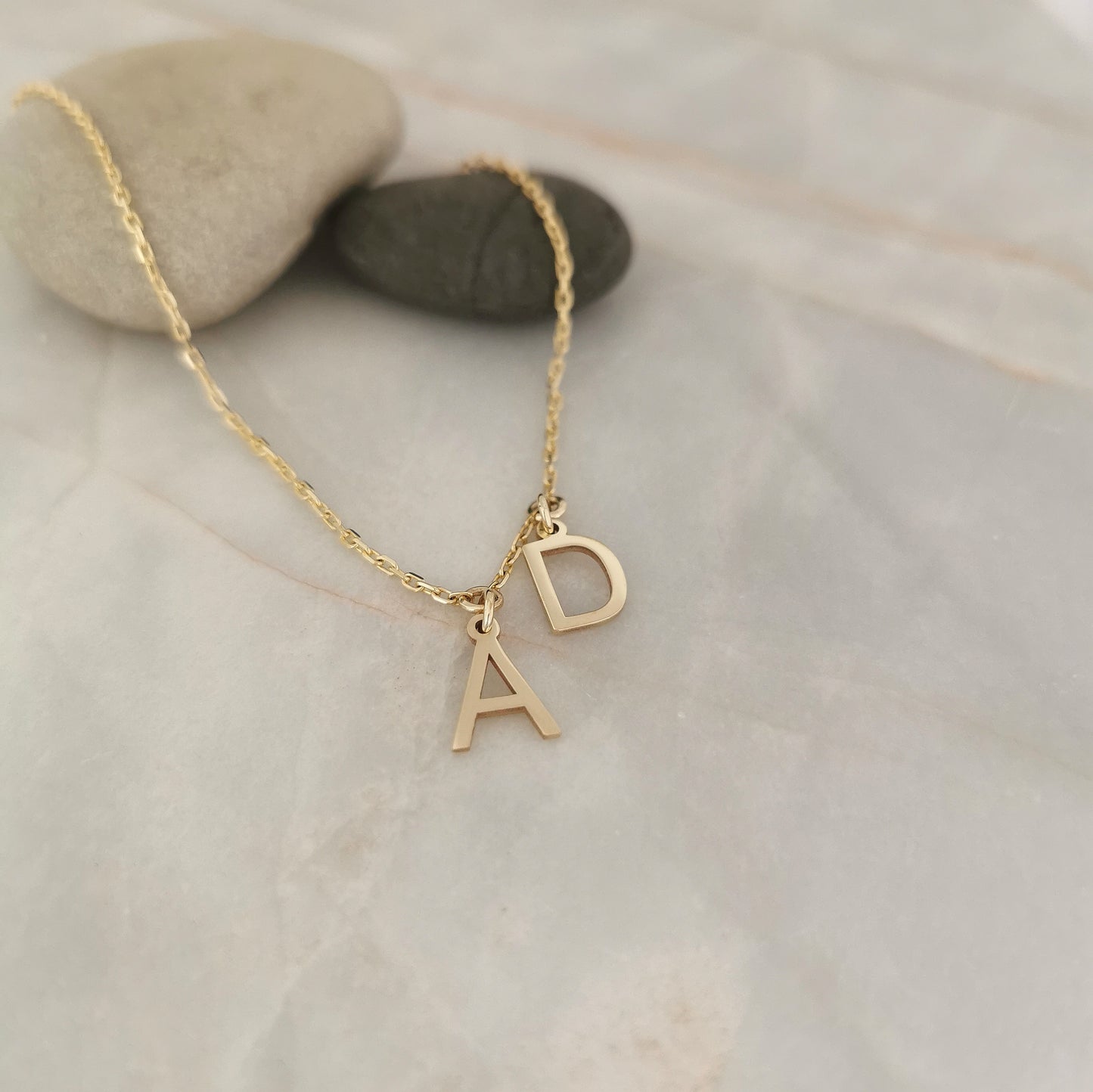 Solid 9ct Gold Initial Necklace with Two 9ct Gold Initial Charms Attached